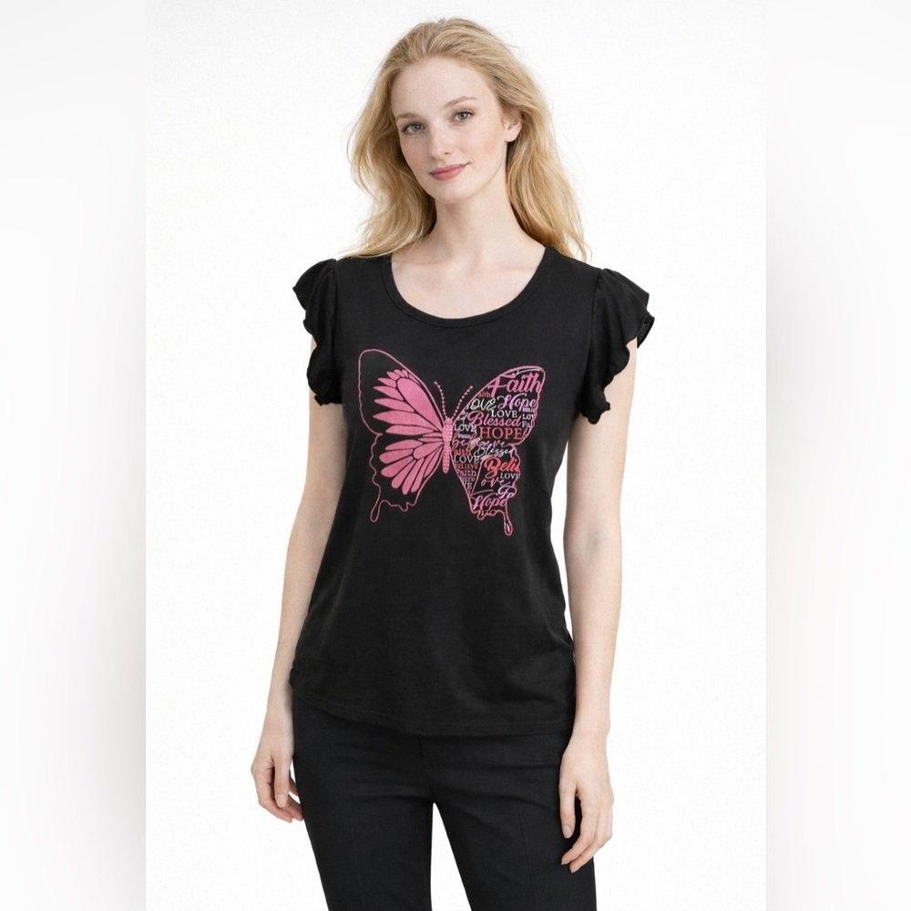 Vintage Rose Women’s Black T-shirt Size Small Ruffle Cap Sleeve Love Faith Hope